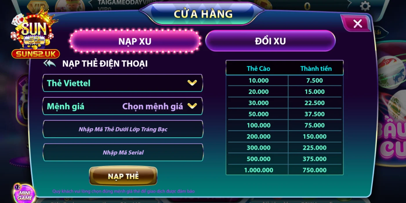 Nạp tiền Sun52 bằng thẻ cào điện thoại