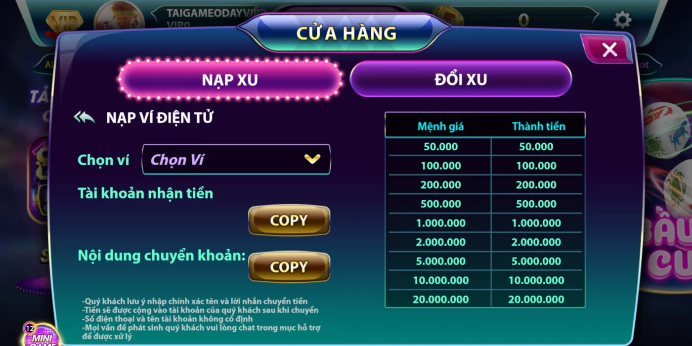 Nạp tiền vào tài khoản Sun52 qua ví điện tử